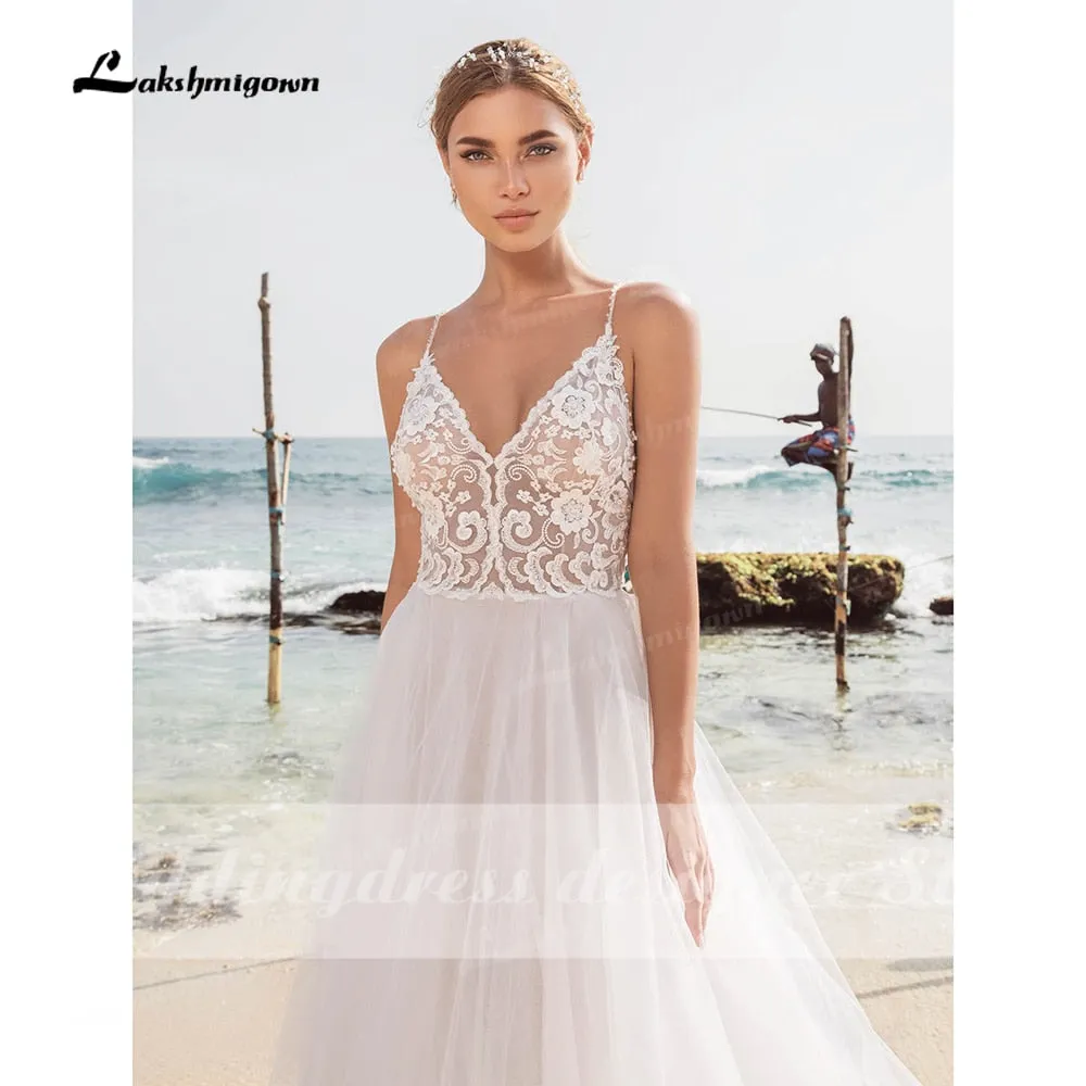 Roycebridal Sexy Beach Lace Wedding Dresses V Neck Bohemian Spaghetti Straps Beaded Bridal Gown Bride To Be Luxruy Bridal Dress Robe Mariee