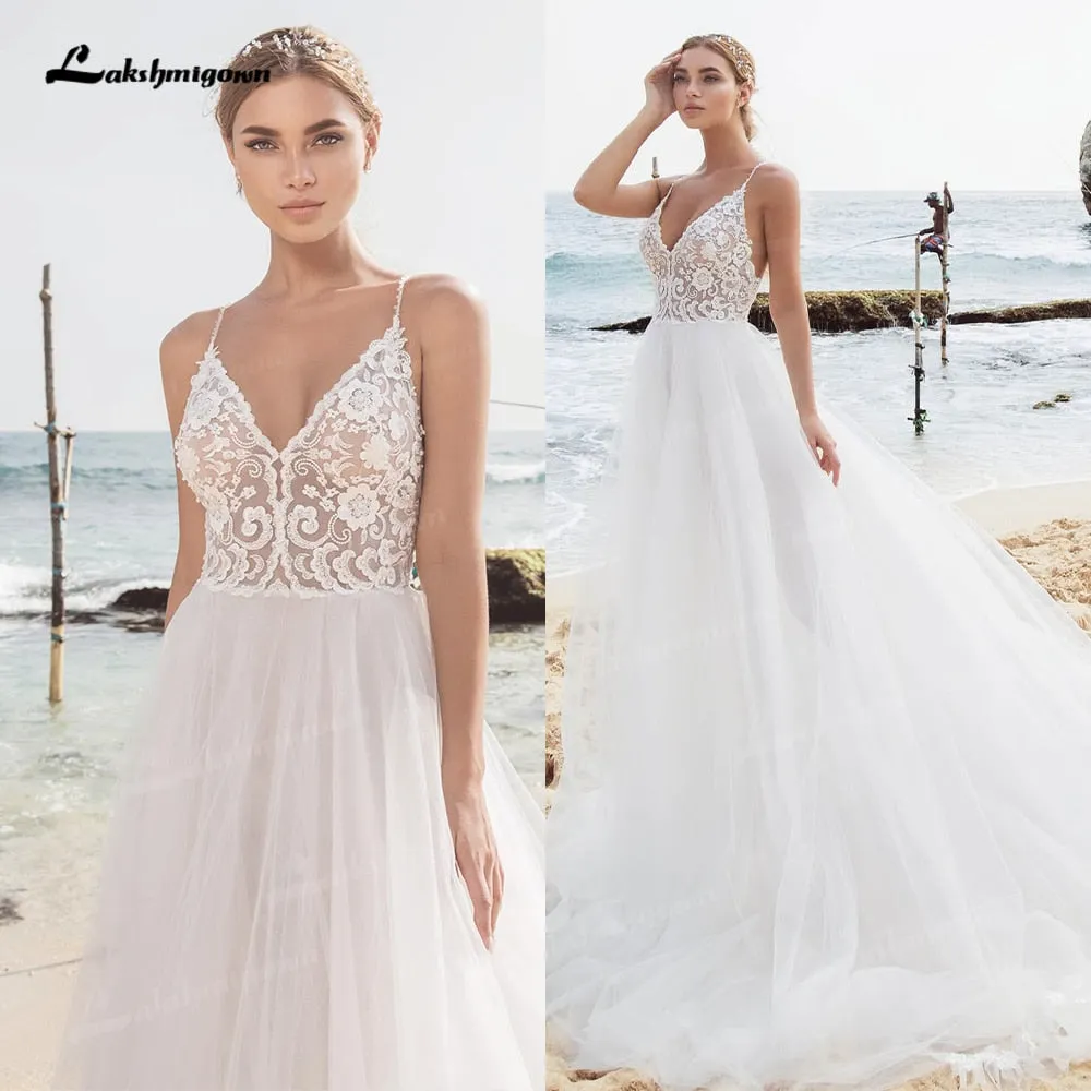 Roycebridal Sexy Beach Lace Wedding Dresses V Neck Bohemian Spaghetti Straps Beaded Bridal Gown Bride To Be Luxruy Bridal Dress Robe Mariee