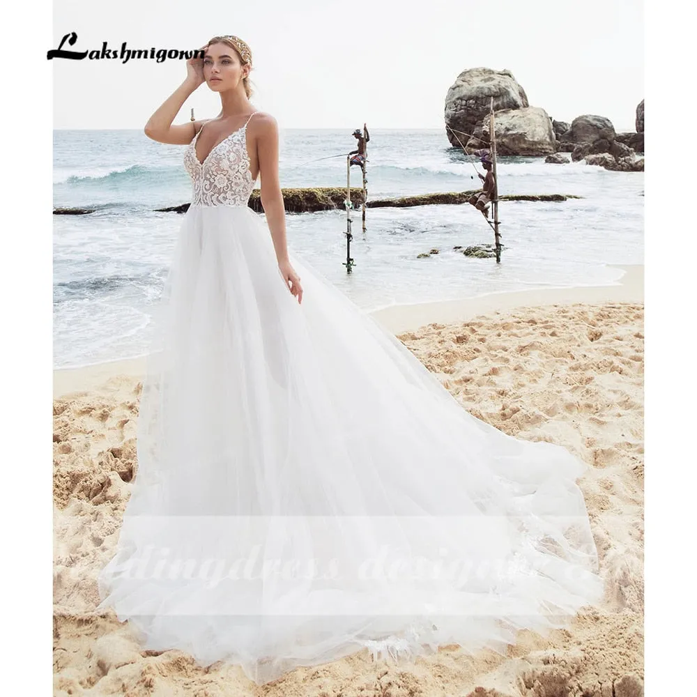 Roycebridal Sexy Beach Lace Wedding Dresses V Neck Bohemian Spaghetti Straps Beaded Bridal Gown Bride To Be Luxruy Bridal Dress Robe Mariee