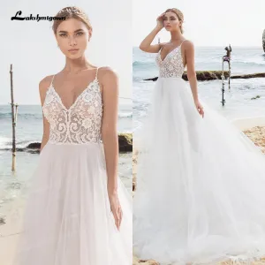 Roycebridal Sexy Beach Lace Wedding Dresses V Neck Bohemian Spaghetti Straps Beaded Bridal Gown Bride To Be Luxruy Bridal Dress Robe Mariee
