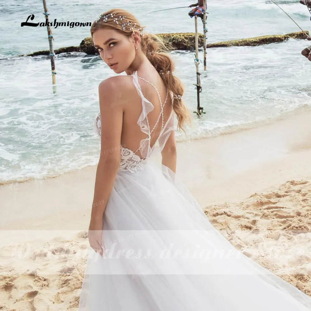 Roycebridal Sexy Beach Lace Wedding Dresses V Neck Bohemian Spaghetti Straps Beaded Bridal Gown Bride To Be Luxruy Bridal Dress Robe Mariee