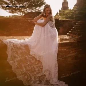 Roycebridal Sexy Bohemian Wedding Dresses  Chic Lace Beach Boho Simple Spaghetti Straps Unique Beading Wedding Bridal Gown Robe Mariee