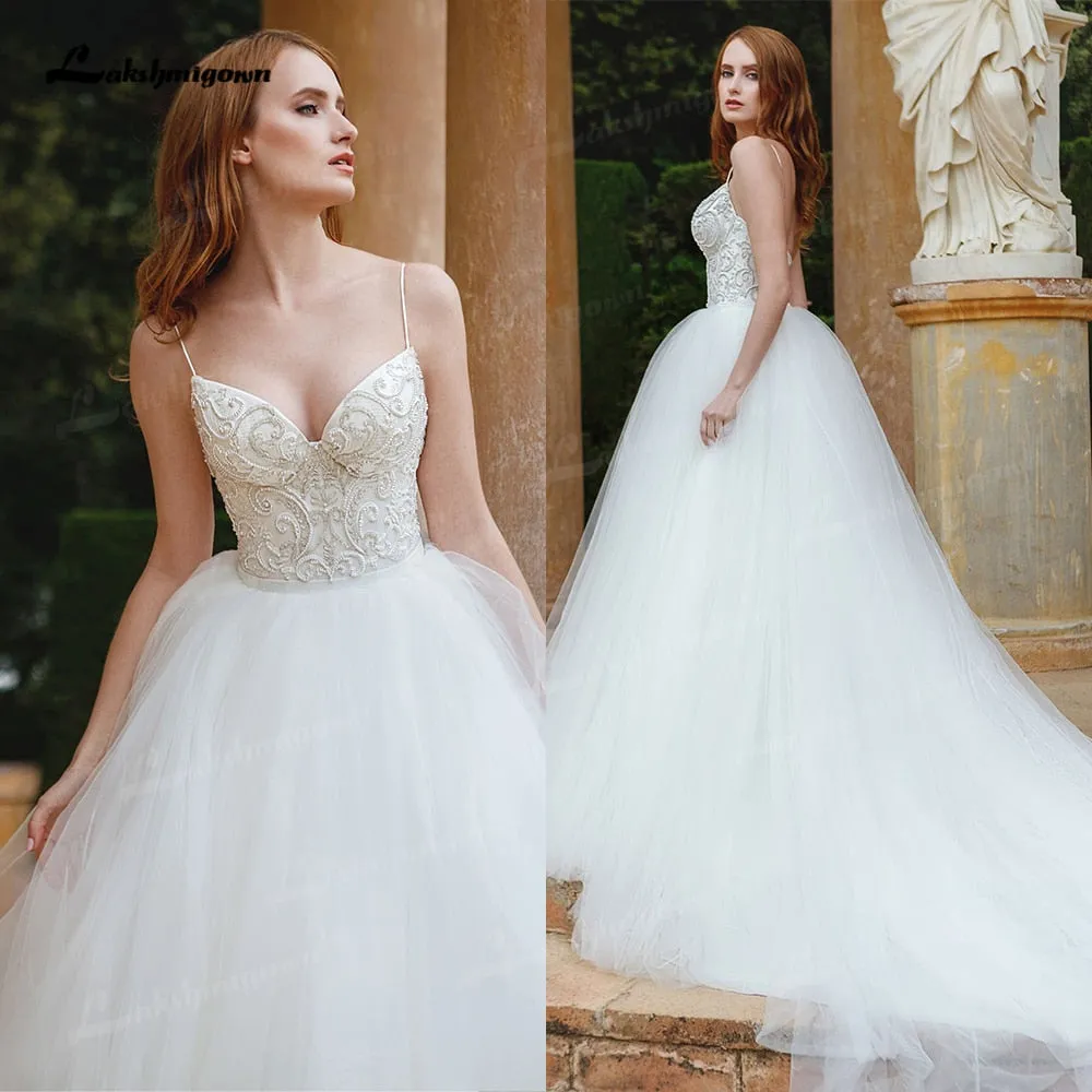 Roycebridal Sexy Bohemian Wedding Dresses  Chic Lace Beach Boho Simple Spaghetti Straps Unique Beading Wedding Bridal Gown Robe Mariee