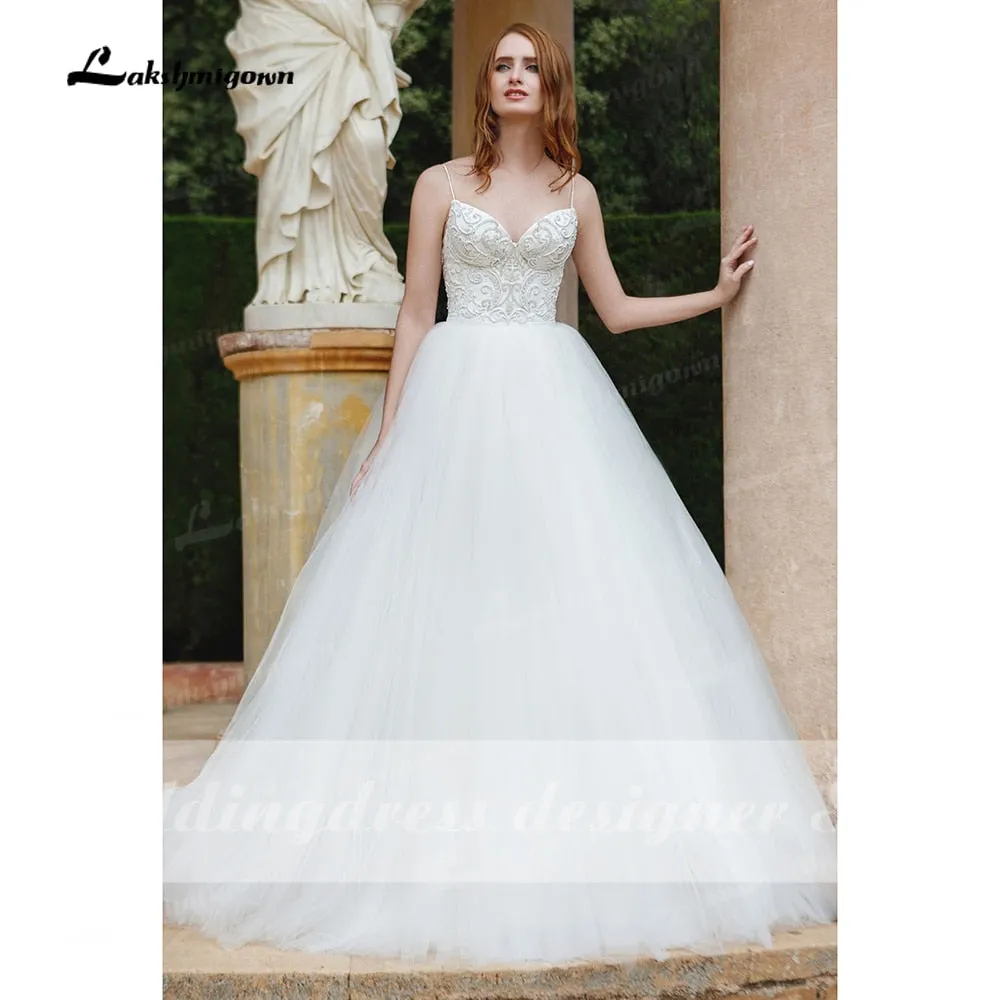 Roycebridal Sexy Bohemian Wedding Dresses  Chic Lace Beach Boho Simple Spaghetti Straps Unique Beading Wedding Bridal Gown Robe Mariee