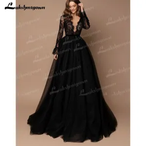 Roycebridal Sexy Deep V neck Sweep Train Tulle Lace Black Wedding Dress Long Sleeve With Appliques Vestidos De Novia Gothic Bride Design