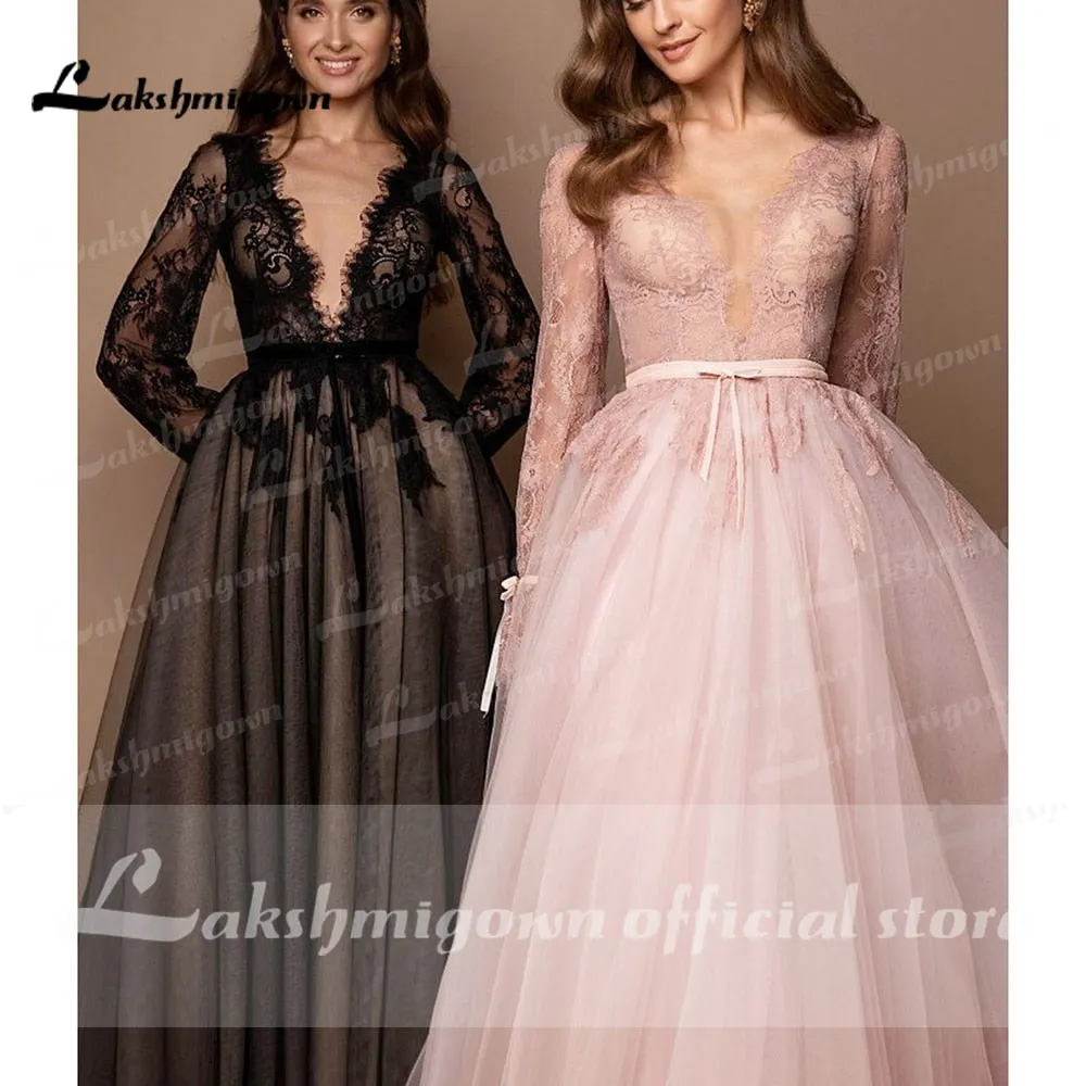Roycebridal Sexy Deep V neck Sweep Train Tulle Lace Black Wedding Dress Long Sleeve With Appliques Vestidos De Novia Gothic Bride Design