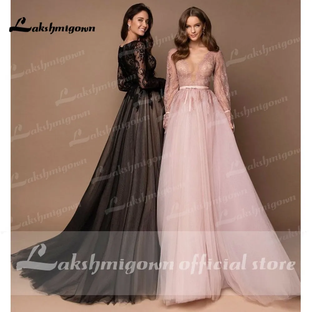 Roycebridal Sexy Deep V neck Sweep Train Tulle Lace Black Wedding Dress Long Sleeve With Appliques Vestidos De Novia Gothic Bride Design
