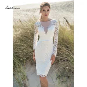 Roycebridal Sexy Long sleeves Wedding Dress Lace Illusion Short Bridal Dress bohemian Wedding gowns Knee-Length vestido de noiva