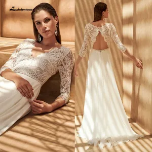 Roycebridal Sexy V Neck Three Quarter Sleeve Wedding Dress Two pieces Lace Top Bohemian Bridal Gowns robe femme mariages Vestidos de Nova