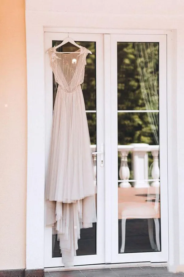 Roycebridal Silver Tulle Rustic Cap Sleeves Boho Wedding Dresses, Wedding Gown, MW677