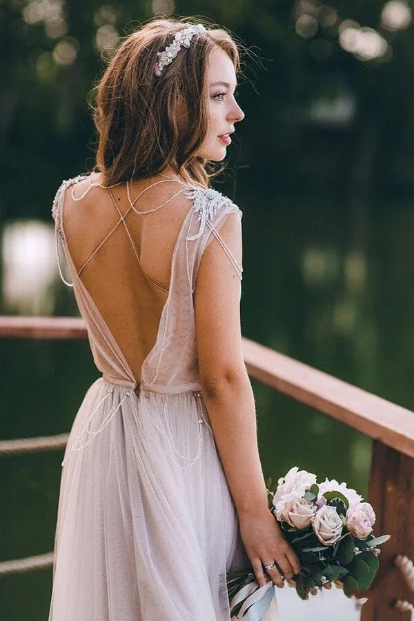 Roycebridal Silver Tulle Rustic Cap Sleeves Boho Wedding Dresses, Wedding Gown, MW677