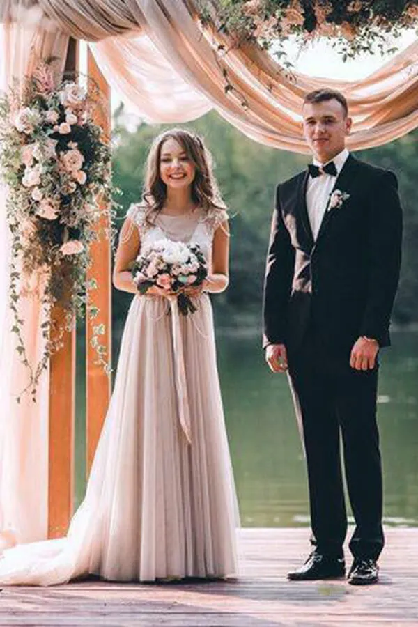 Roycebridal Silver Tulle Rustic Cap Sleeves Boho Wedding Dresses, Wedding Gown, MW677