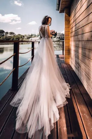 Roycebridal Silver Tulle Rustic Cap Sleeves Boho Wedding Dresses, Wedding Gown, MW677