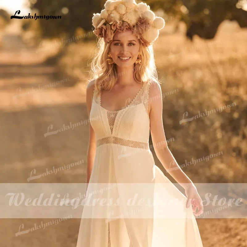 Roycebridal Simple Boho Lace Wedding Dress  Beach Wedding Dress V Neck Chiffon A Line Bridal Gown Backless Vestido De Noiva Brautkleid