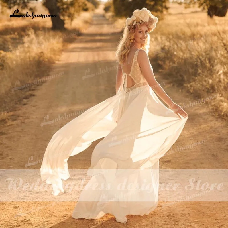 Roycebridal Simple Boho Lace Wedding Dress  Beach Wedding Dress V Neck Chiffon A Line Bridal Gown Backless Vestido De Noiva Brautkleid