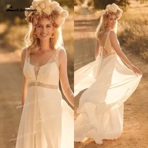Roycebridal Simple Boho Lace Wedding Dress  Beach Wedding Dress V Neck Chiffon A Line Bridal Gown Backless Vestido De Noiva Brautkleid