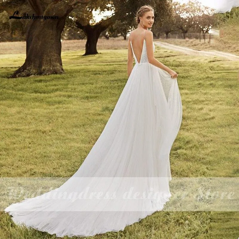 Roycebridal Spaghetti Straps Boho Wedding Dresses V Neck Backless