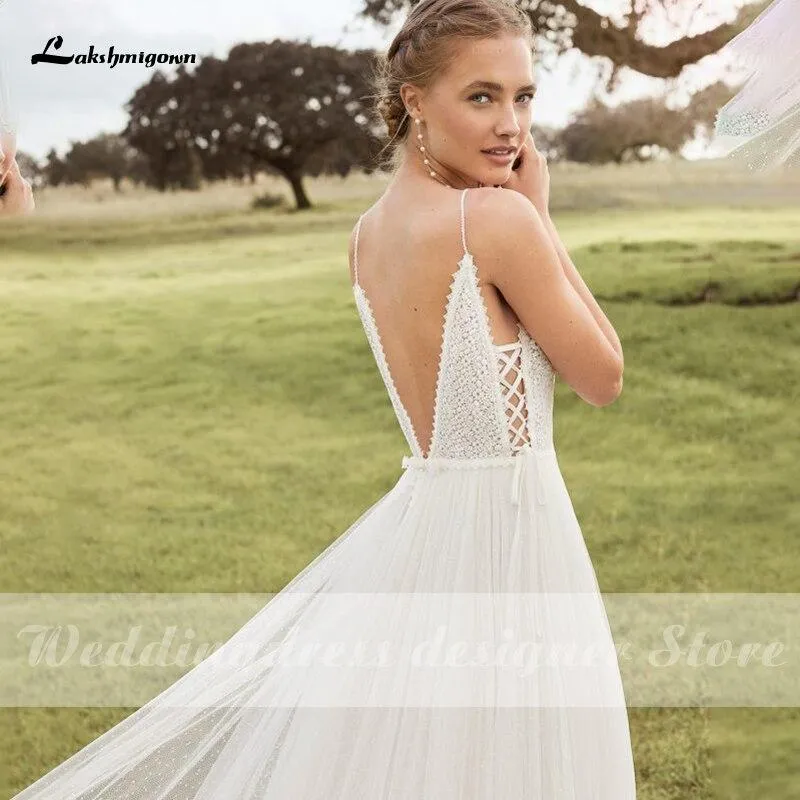 Roycebridal Spaghetti Straps Boho Wedding Dresses V Neck Backless