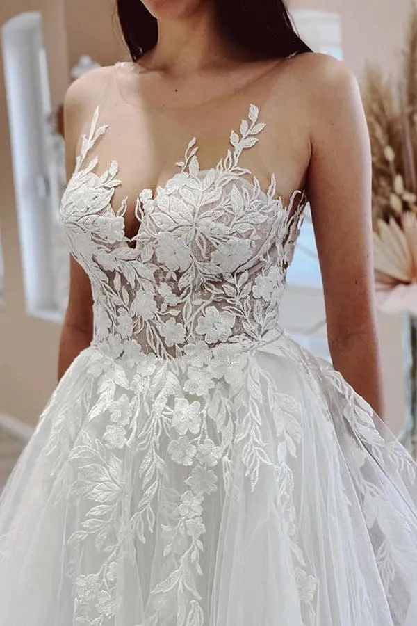 Roycebridal Tulle A-line Sheer Neck Wedding Dress With Lace Appliques, Bridal Gown, MW917
