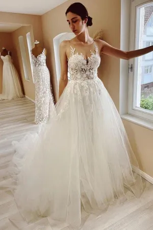 Roycebridal Tulle A-line Sheer Neck Wedding Dress With Lace Appliques, Bridal Gown, MW917