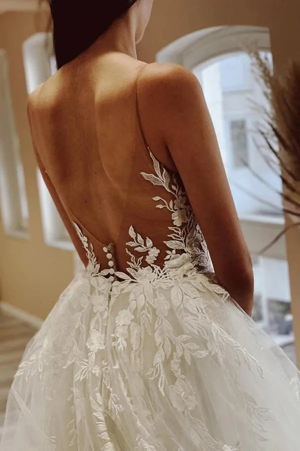 Roycebridal Tulle A-line Sheer Neck Wedding Dress With Lace Appliques, Bridal Gown, MW917