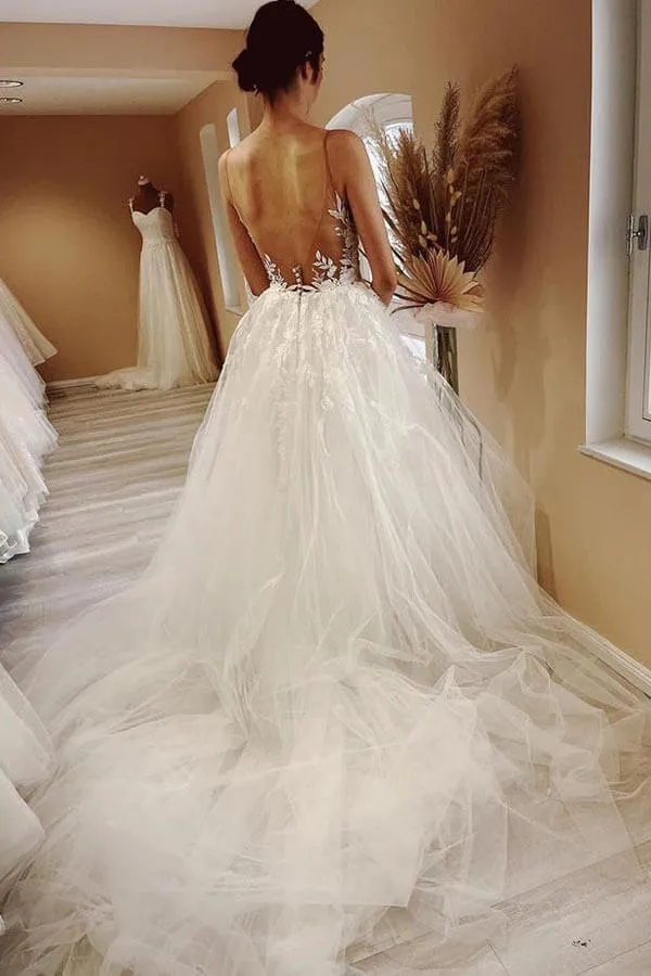 Roycebridal Tulle A-line Sheer Neck Wedding Dress With Lace Appliques, Bridal Gown, MW917