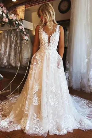 Roycebridal Tulle A-line V-neck Backless Boho Wedding Dresses With Lace Appliques, MW901