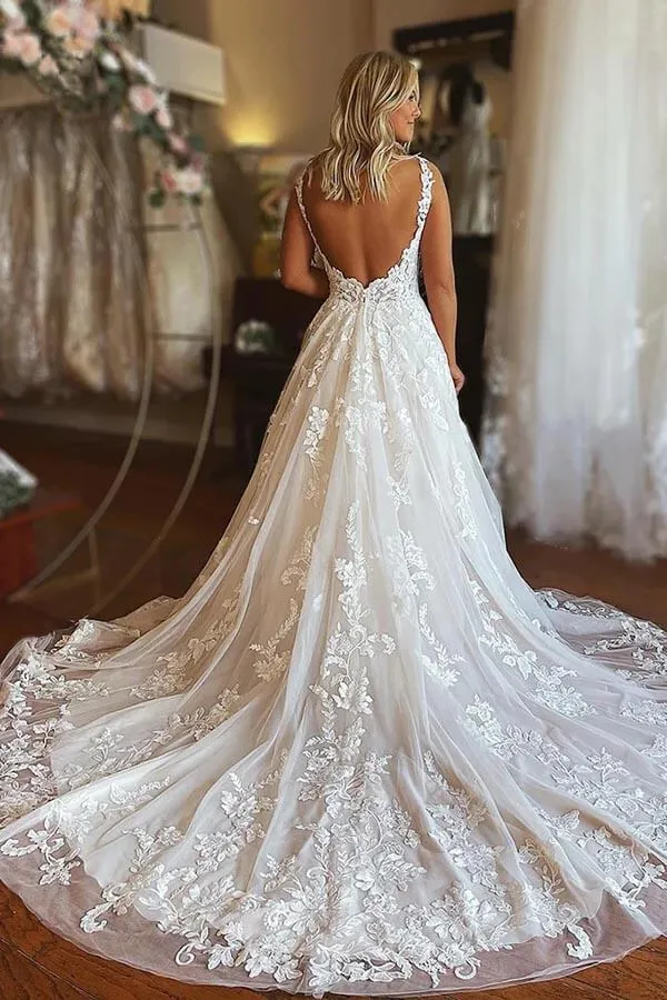 Roycebridal Tulle A-line V-neck Backless Boho Wedding Dresses With Lace Appliques, MW901