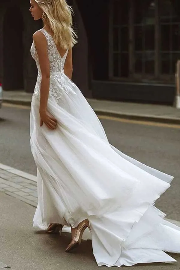 Roycebridal Tulle A-line V-neck Backless Lace Appliques Wedding Dresses, Wedding Gown, MW791