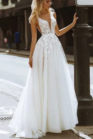 Roycebridal Tulle A-line V-neck Backless Lace Appliques Wedding Dresses, Wedding Gown, MW791
