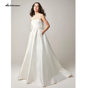 Roycebridal Two Pieces Wedding Dresses 2022 Pearls Top Bridal Gown Jewel Neck Beach Satin Wedding Gown Vestidos De Novia