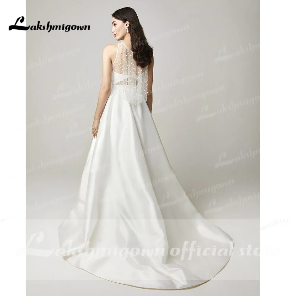 Roycebridal Two Pieces Wedding Dresses 2022 Pearls Top Bridal Gown Jewel Neck Beach Satin Wedding Gown Vestidos De Novia