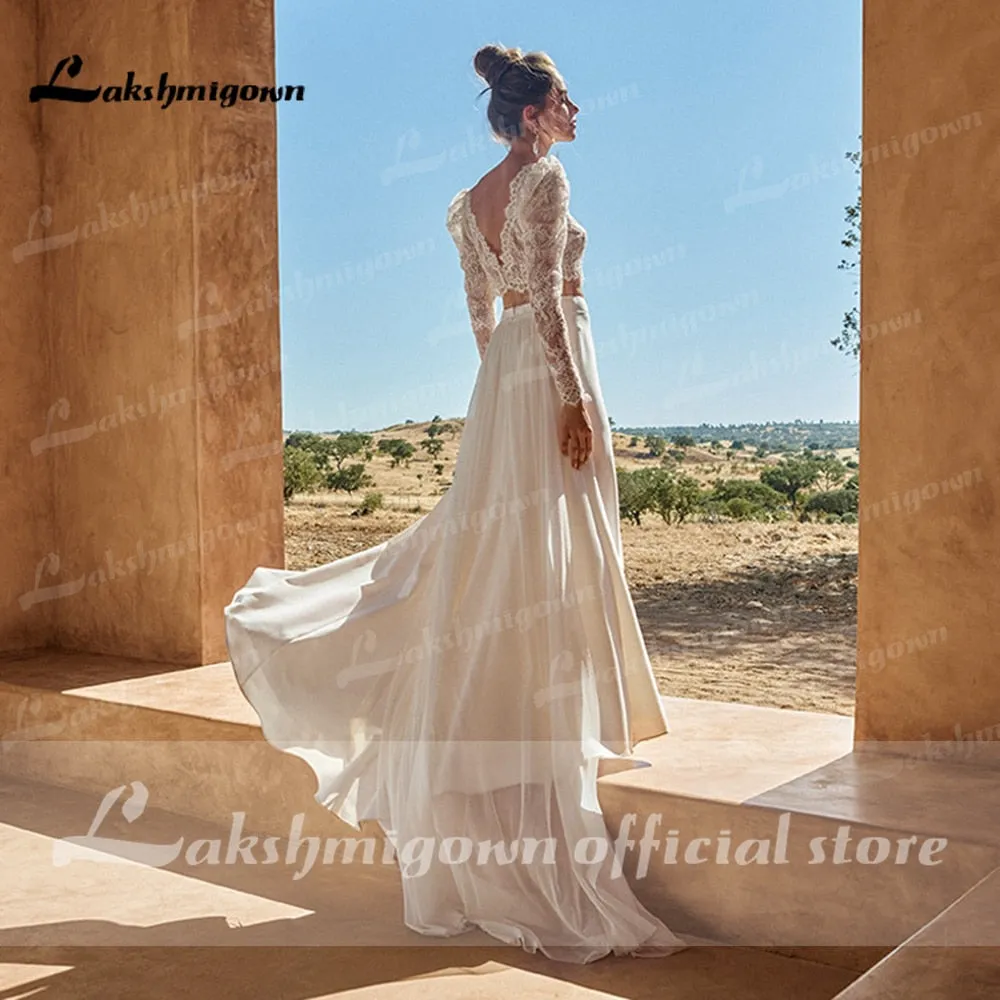 Roycebridal Two pieces Wedding Dresses  Civil Boho Wedding Gowns Lace Top Long Sleeves Front Split dress princess white Lakshmigown