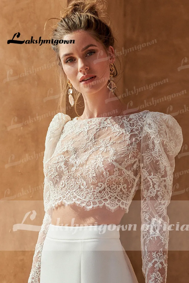 Roycebridal Two pieces Wedding Dresses  Civil Boho Wedding Gowns Lace Top Long Sleeves Front Split dress princess white Lakshmigown