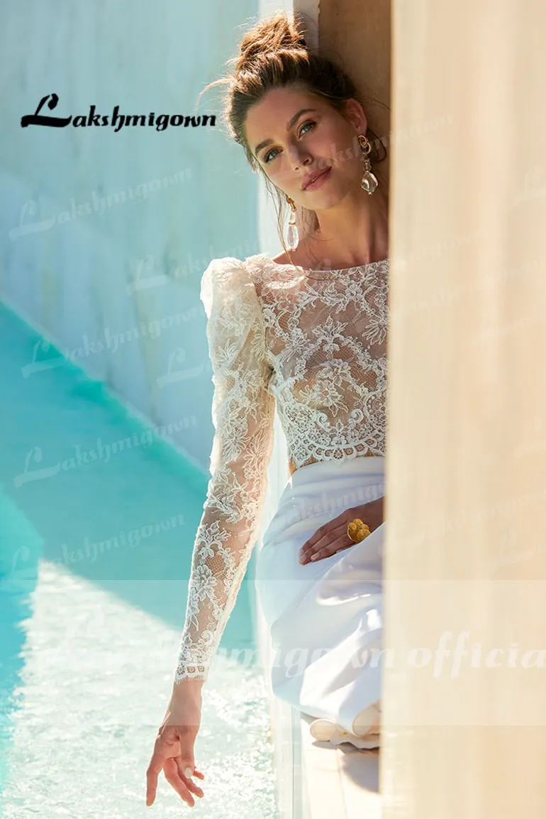 Roycebridal Two pieces Wedding Dresses  Civil Boho Wedding Gowns Lace Top Long Sleeves Front Split dress princess white Lakshmigown