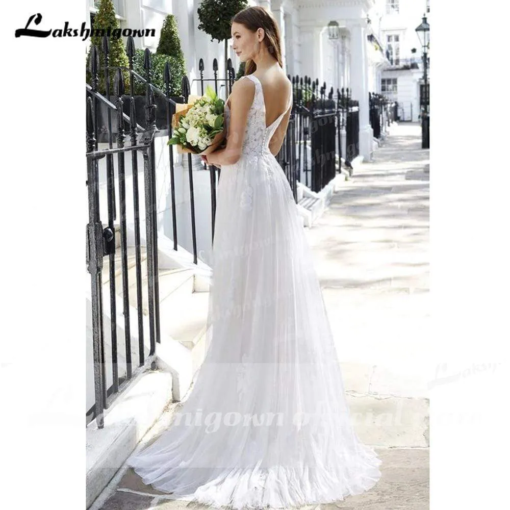 Roycebridal V Neck Lace Backless Boho Wedding Dresses