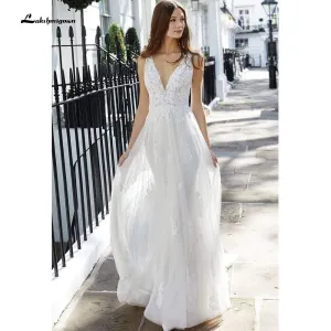 Roycebridal V Neck Lace Backless Boho Wedding Dresses