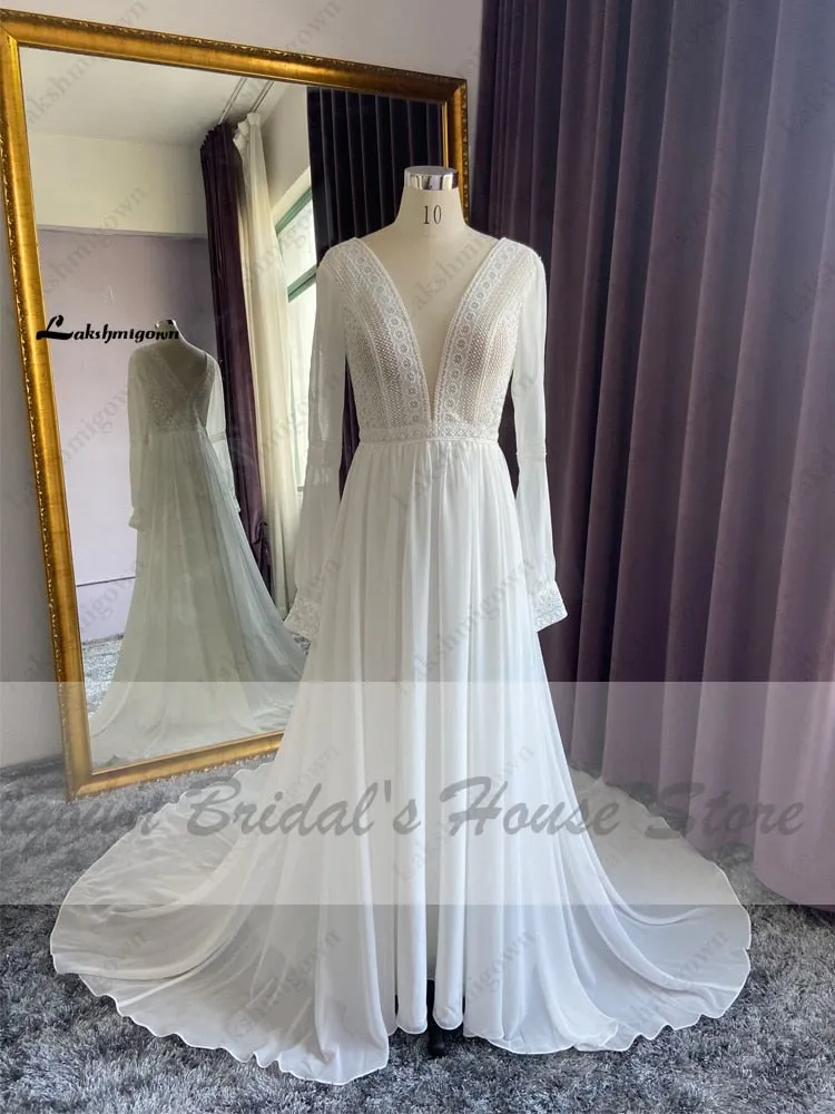 Roycebridal Vestidos Boho Bridal Long Sleeve Wedding Dresses A Line  Robe Longue Simple Beach Chiffon Long Wedding Gowns Deep V-neck