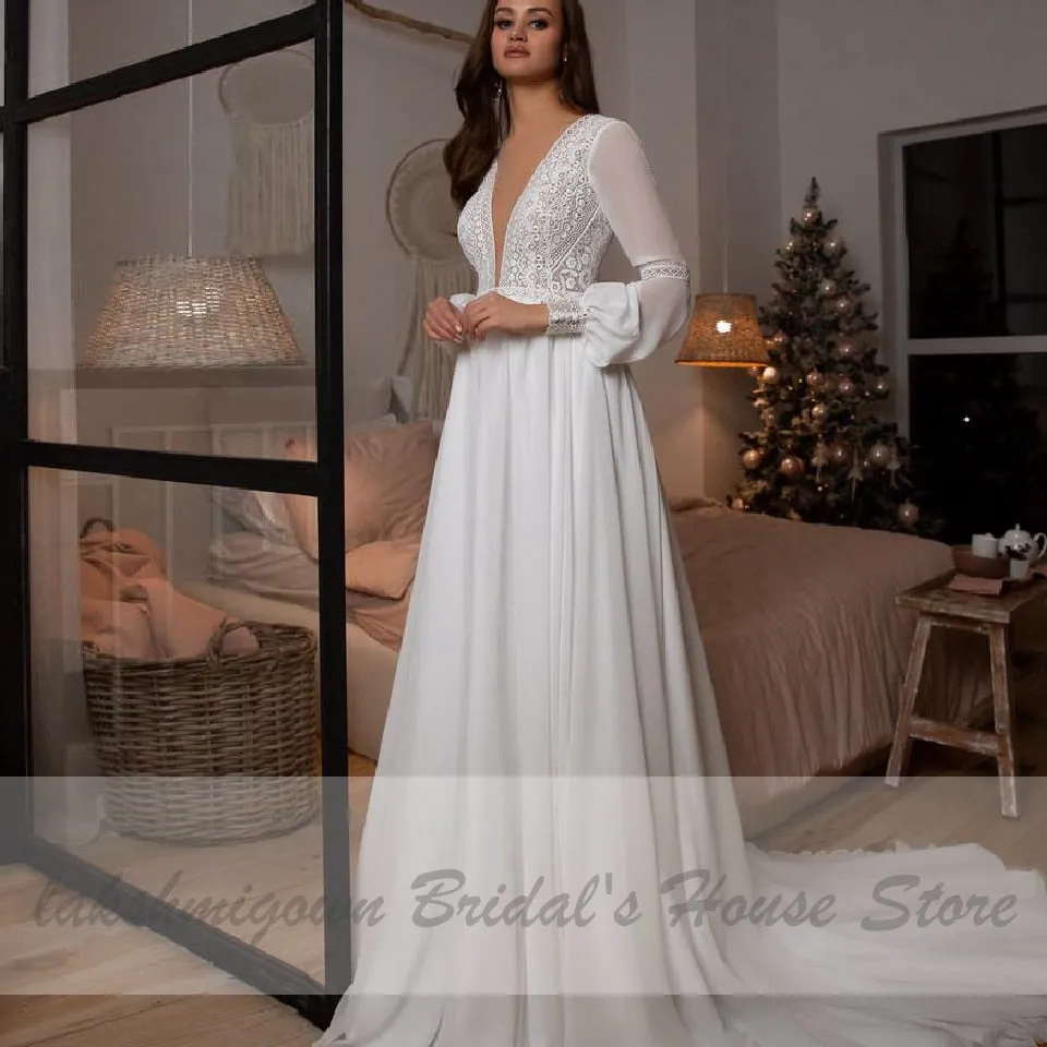 Roycebridal Vestidos Boho Bridal Long Sleeve Wedding Dresses A Line  Robe Longue Simple Beach Chiffon Long Wedding Gowns Deep V-neck