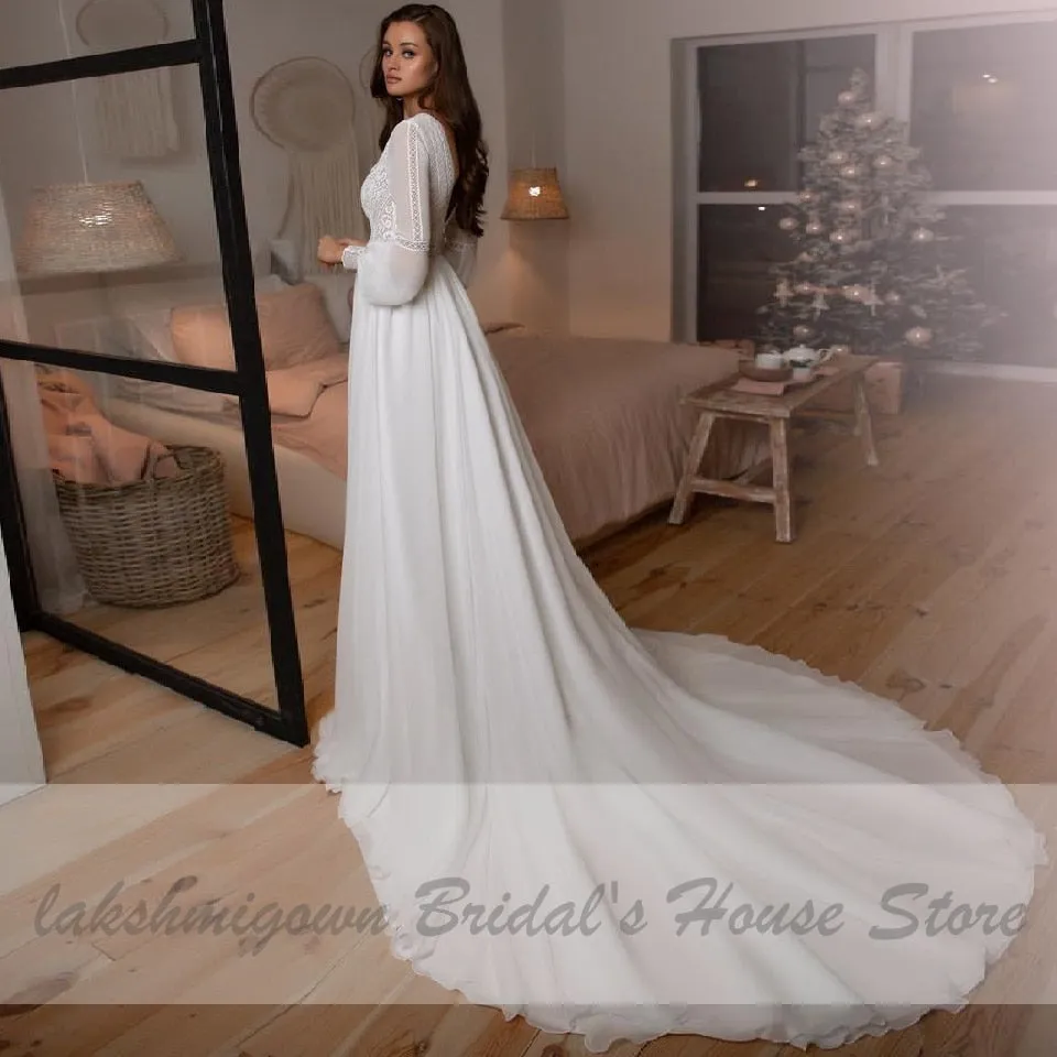 Roycebridal Vestidos Boho Bridal Long Sleeve Wedding Dresses A Line  Robe Longue Simple Beach Chiffon Long Wedding Gowns Deep V-neck