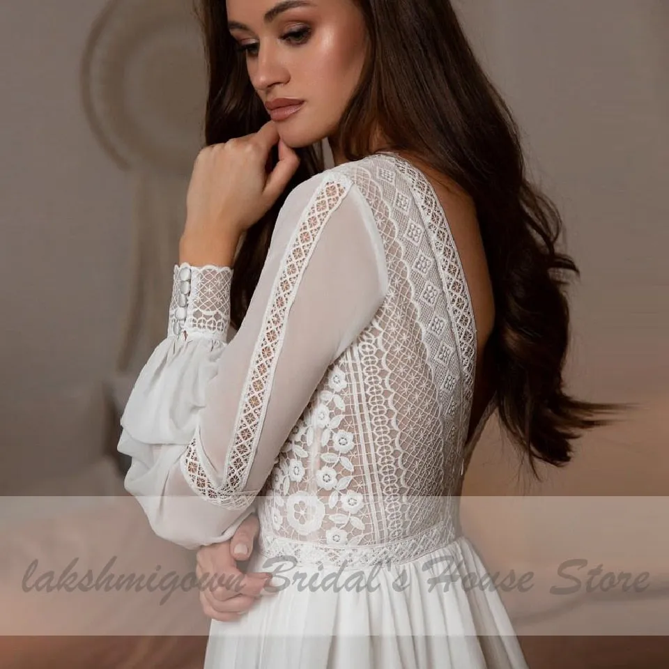 Roycebridal Vestidos Boho Bridal Long Sleeve Wedding Dresses A Line  Robe Longue Simple Beach Chiffon Long Wedding Gowns Deep V-neck