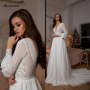 Roycebridal Vestidos Boho Bridal Long Sleeve Wedding Dresses A Line  Robe Longue Simple Beach Chiffon Long Wedding Gowns Deep V-neck