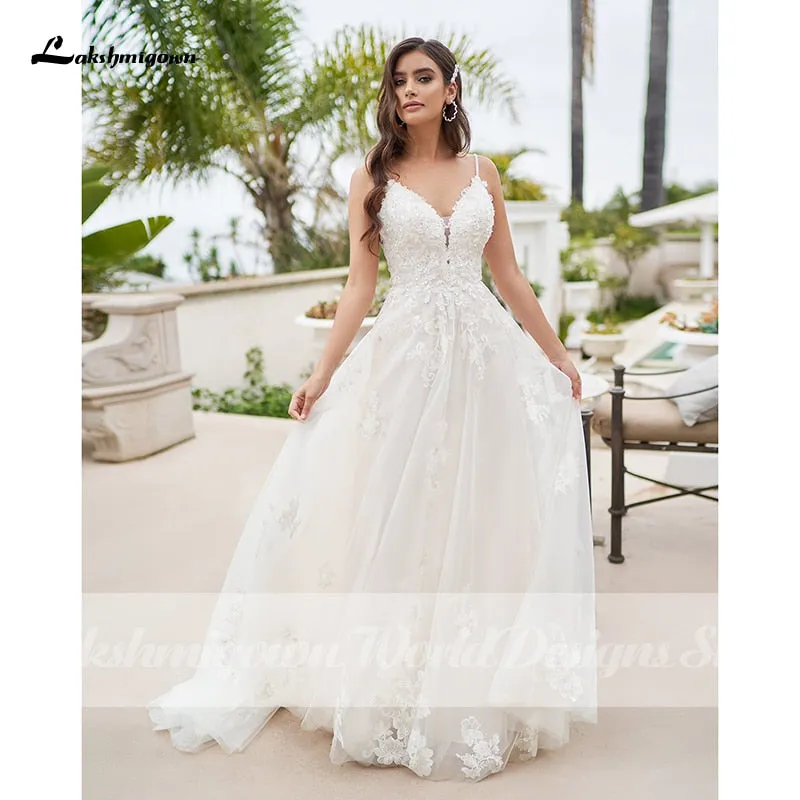 Roycebridal Vintage A-Line Beach Wedding Dress With Beaded Floral Lace Appliques Simply Spaghetti Straps Boho Bridal Gown robe de mariee