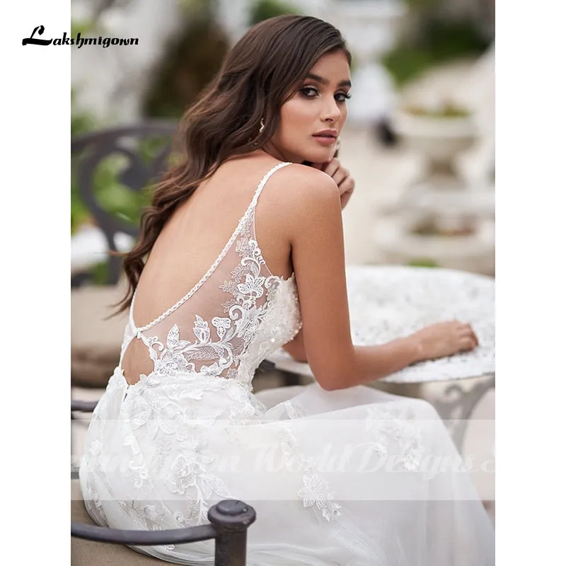 Roycebridal Vintage A-Line Beach Wedding Dress With Beaded Floral Lace Appliques Simply Spaghetti Straps Boho Bridal Gown robe de mariee