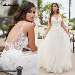 Roycebridal Vintage A-Line Beach Wedding Dress With Beaded Floral Lace Appliques Simply Spaghetti Straps Boho Bridal Gown robe de mariee
