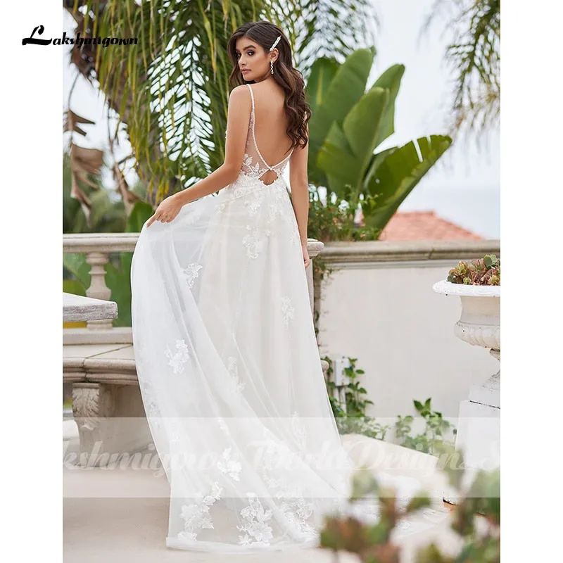 Roycebridal Vintage A-Line Beach Wedding Dress With Beaded Floral Lace Appliques Simply Spaghetti Straps Boho Bridal Gown robe de mariee
