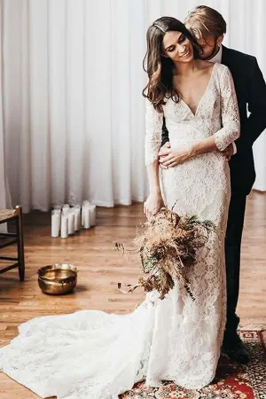 Roycebridal Vintage Mermaid Lace V-neck Boho Wedding Dresses With Chapel Train, MW686