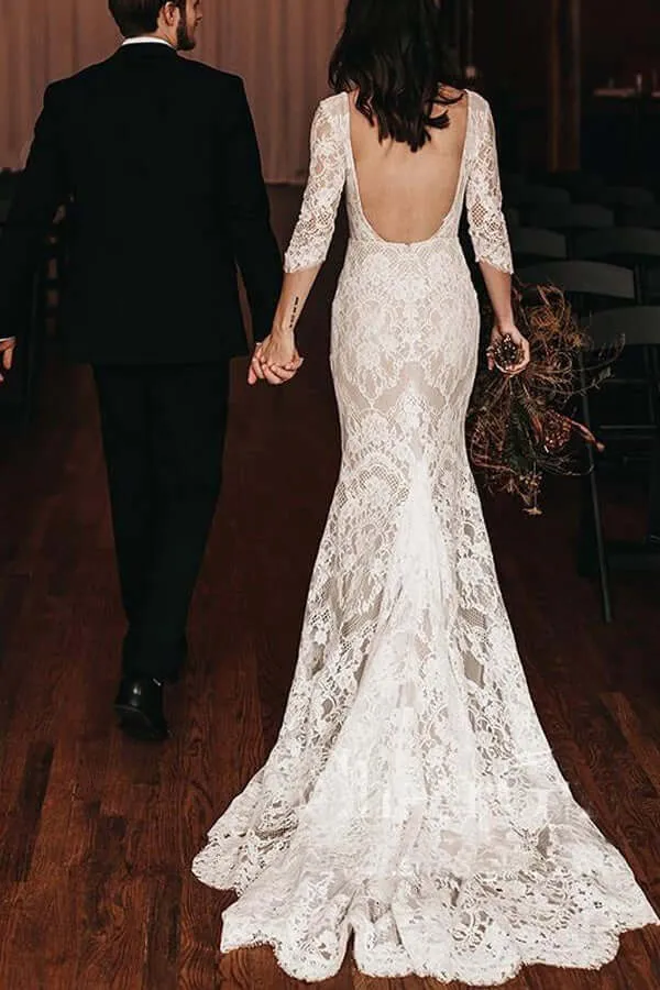 Roycebridal Vintage Mermaid Lace V-neck Boho Wedding Dresses With Chapel Train, MW686