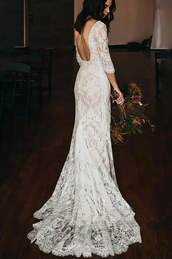 Roycebridal Vintage Mermaid Lace V-neck Boho Wedding Dresses With Chapel Train, MW686