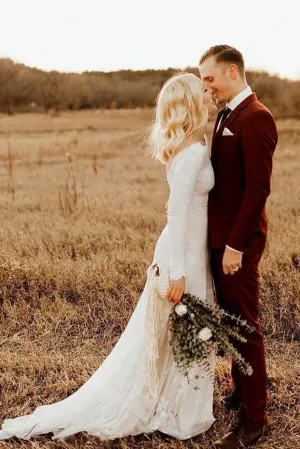 Rustic Ivory Mermaid Long Sleeves Backless Wedding Dresses, Bridal Dress, MW594